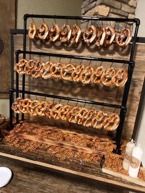 Pretzel Shop Design, Diy Pretzel Stand, Soft Pretzel Bar, Pretzel Bar Wedding, Pretzel Station, Pretzel Display, Pretzel Board, Pretzel Wall, Wedding Refreshments