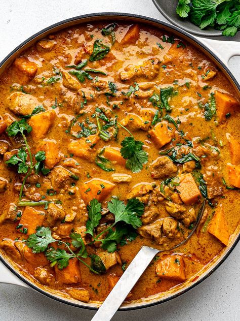 Chicken Sweet Potato Curry - Sandra Valvassori Indian Sweet Potato Curry, Slow Cooker Chicken Sweet Potato, Sweet Potato And Chicken Sausage, Sweet Potato Chicken Casserole, Chicken Sweet Potato Casserole, Chicken Thighs Sweet Potatoes, Chicken Sweet Potato Curry, Potato Recipes Crockpot, Easy Suppers