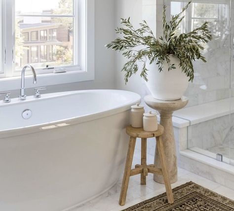 Stool By Tub, Bathtub Stool Decor, Bathtub Stool, Free Standing Tub With Shelf, Soaking Tub Decor, Freestanding Tub With Shelf, Freestanding Tub With Ledge, Freestanding Tub With Wood Shelf, Small Tub