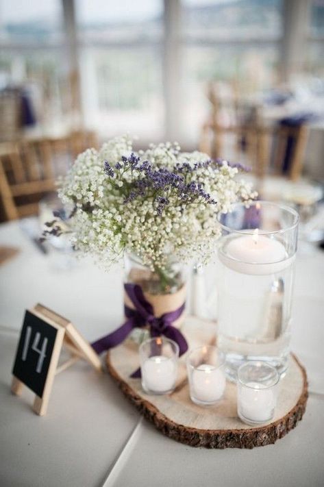 lavender and baby's breath wedding centerpiece #wedding #weddingideas #weddingcenterpieces #centerpieces Lavender Wedding Centerpieces, Lavender Centerpieces, Unique Wedding Centerpieces, Rustic Mountain Wedding, Floating Candle Centerpieces, Babies Breath, Wedding Table Decorations, Lavender Wedding, Candle Centerpieces