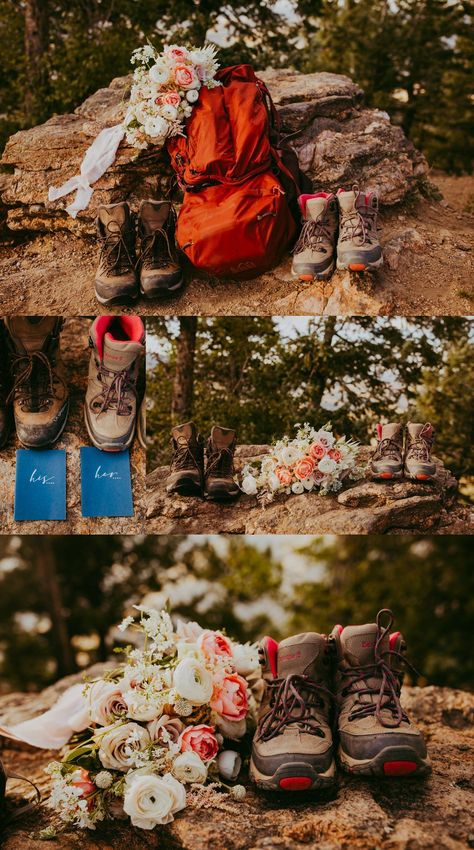 Wedding Dresses With Hiking Boots, Hiking Wedding Decor, Hiking Elopement Outfit, Boho Wedding Elopement, Hiking Elopement Photos, Wedding Hiking Boots, Hiking Elopement Weddings, Hiking Wedding Photos, Adventure Elopement Ideas