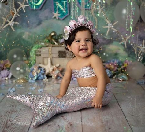 Birthday Backdrops, Mermaid Birthday Party Decorations, Mermaid Theme Birthday Party, 1st Birthday Photoshoot, Mermaid Crown, Mermaid Theme Party, Mermaid Outfit, Mermaid Theme Birthday, Cake Smash Photography