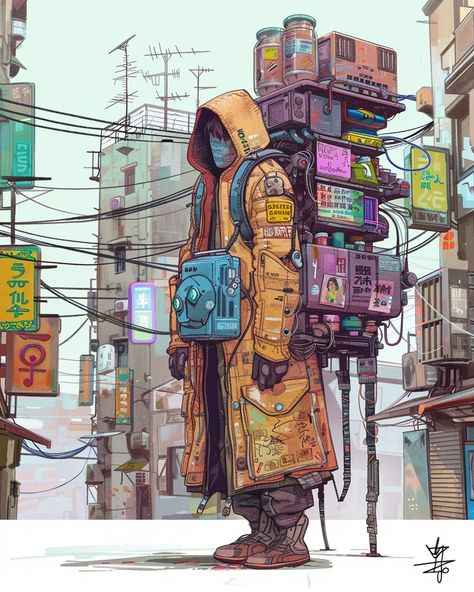 Cyberpunk Merchant with Giant Backpack and Signage Sci Fi Backpack Concept Art, Medic Concept Art, Merchant Concept Art, Backpack Concept Art, Cyberpunk Backpack, Backpack Inktober, Giant Backpack, Cyberpunk Digital Art, Cyberpunk Environment