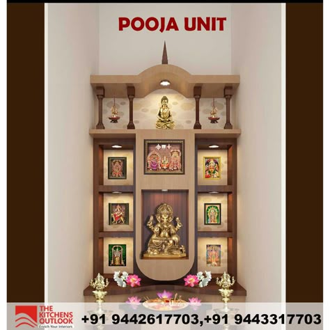 Here are some beautifully done interior design for pooja room wall units. You can turn any wall of your house into a nice pooja room. These pooja room designs are a total space saver and ideal for small Indian homes and apartments.🙏  √ Interior Designers √ False Ceiling Contractors √ Interior Decorators √ Modular Kitchen Dealers √ Modular Kitchen     √ Manufacturers √ Flooring Contractors √ Residence Interior          Designers √ Artificial Turf Dealers √ Wooden Flooring Contractors Small Tample Degin, Small Pooja Unit On Wall, South Indian Pooja Room Design, Mandir Ideas For Small Space, God Mandir, Pooja Cupboard, Small Pooja Unit, Pooja Room Ideas Indian, Pooja Room Door