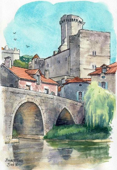 Easy Architecture Sketch, Drawing Scenery, Watercolor House Painting, Castle Painting, Sketch Watercolor, Watercolor Art Landscape, Watercolor Architecture, Pen Art Drawings, Architecture Sketchbook