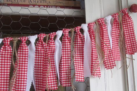 Fabric Strip Banner, Red And White Wedding Decorations, Rag Tie Banner, Bbq Decorations, Picnic Decor, Christmas Fireplace Mantels, Red Wedding Decorations, Garland Wedding Decor, I Do Bbq