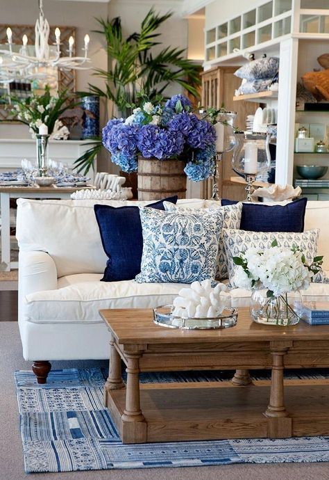 Favorite Finds Coastal New England - House of Vedvik Blue And White Living Room, Coastal Decorating Living Room, Geek Decor, Coastal Living Rooms, Coastal Living Room, White Living Room, Blue Living Room, Design Del Prodotto, Beautiful Living Rooms