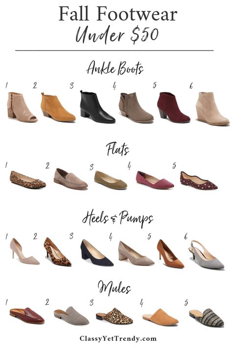 Fall Footwear Under $50 - A few classic and trendy shoes to add to your Fall wardrobe! From suede, to leather, to patterns...footwear to add interest and texture to your outfits. Fall Footwear, Amazon Shoes, Autumn Shoes Women, Classy Yet Trendy, Fall Winter Shoes, Fall Handbags, Spring Capsule Wardrobe, Boots Heels, Fall Accessories