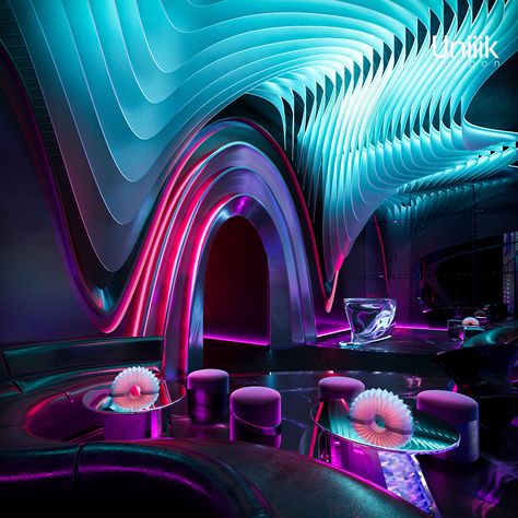 Futuristic Lobby Design, Retro Futuristic Interior Design, Club Design Ideas, Futuristic Lobby, Retro Futurism Design, Futuristic Restaurant, Futuristic Bar, Bar Renovation, Futuristic Interior Design