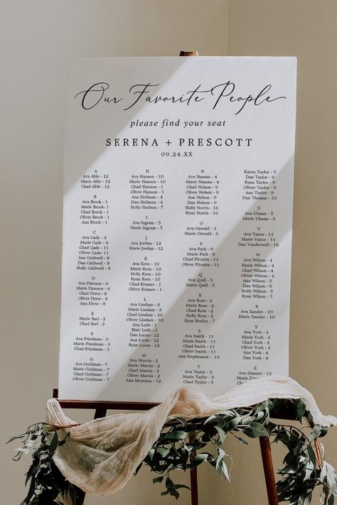 Delicate Our Favorite People Wedding Seating Chart Foam Board Our Favorite People Seating Chart, Seating Plan Sign, Alphabetical Seating Chart, Find Your Seat Sign, Romantic Minimalist, Seating Chart Sign, Wedding Seating Plan, Wedding Seating Chart Template, Black Typography