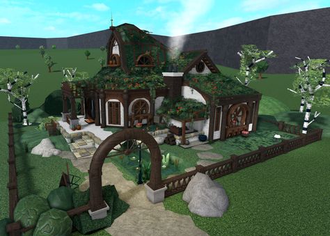 Bloxburg City Apartment Layout, Cozy Mansion, Simple House Exterior, Cottage Core Bloxburg House, Bloxburg Cottage, Cottage Mansion, Blox Burg, Green Village, Bloxburg Builds