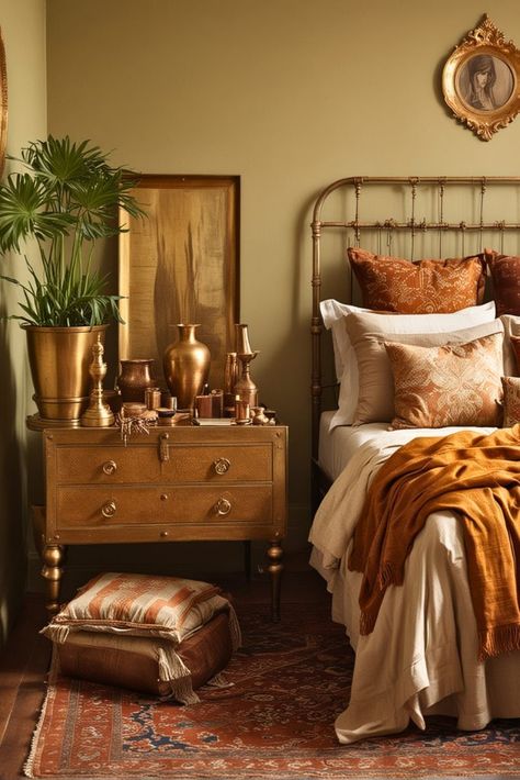 Gold Walls Bedroom, Copper Bedroom Ideas, Asian Inspired Bedroom Decor, Modern Indian Decor, India Inspired Bedroom, Indian Style Bedroom, Indian Bedroom Decor Ideas, Asian Inspired Bedroom, Copper Bedroom