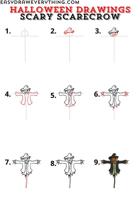 Halloween scarecrow drawing Halloween How To Draw Step By Step, Scarecrow Drawing Easy, Drawing For Halloween, Scarecrow Pattern, Scarecrow Drawing, Halloween Art Lessons, Crows Drawing, Scary Scarecrow, Minecraft Drawings