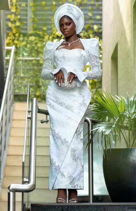 Modest Civil Wedding Dress, White Brocade Styles For Women, White Brocade Asoebi Styles, Traditional Wedding Dress For Bride, Brocade Asoebi, Brocade Asoebi Styles, Birthday Dress Idea, Brocade Styles, Lace Blouse Styles