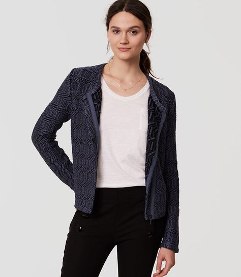 A sweater jacket can be a great inbetween a jacket and cardigan.  Keep it fitted.  Primary Image of Maze Knit Moto Jacket Cardigan Zipper, Asymmetrical Cardigan, Blue Black Color, Khaki Jacket, Jacket Buttons, Petite Size, Moto Jacket, Ann Taylor Loft, Vest Jacket