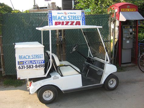 No motorized vehicles? No problem. Pizza delivery via golf cart, on Fire Island, New York Golf Cart Food Cart, Golf Cart Ice Cream Truck, Shirt Upcycle, House Community, Zoo Keeper, Fire Island, Concession Stand, Pizza Delivery, Food Cart