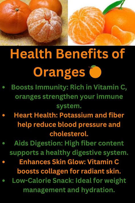 Health Benefits of Oranges 🍊 Boosts Immunity: Packed with Vitamin C, oranges help strengthen the immune system, protecting the body from colds and infections. Rich in Antioxidants: The antioxidants in oranges help fight free radicals, reducing the risk of chronic diseases. Promotes Heart Health: High in potassium and fiber, oranges support heart health by lowering blood pressure and cholesterol levels. Improves Digestion: Oranges are a good source of dietary fiber. Benefits Of Oranges, Orange Benefits, Oranges Benefits, Lowering Blood Pressure, Glowing Skin Secrets, Healthy Digestive System, Low Calorie Snacks, Skin Secrets, Lower Blood Pressure