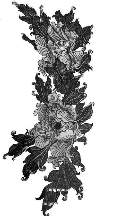 Japanese Style Sleeve Tattoo Women, Heavy Black Floral Tattoo, Japanese Flower Leg Tattoo, Dark Floral Tattoo Sleeve, Dark Feminine Tattoos Half Sleeves, Black Cover Up Tattoos For Women, Goth Flower Tattoo, Black Peony Tattoo, Japanese Floral Tattoo