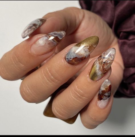 Agate Nails Design, Brown And Blue Marble Nails, Nail Ideas Sage Green, Blue Brown Nails, Fall Marble Nail Designs, Dark Marble Nails, Marble Fall Nails, Nails Green Marble, Green Nails Olive