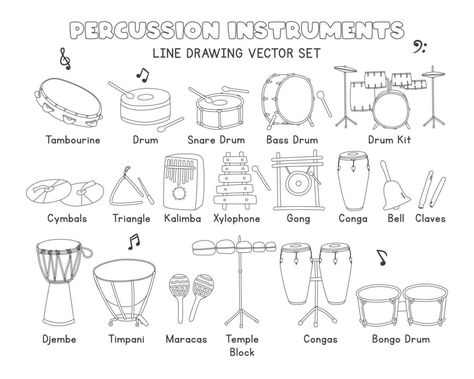 Percussion Instruments Drawing, Snare Drum Drawing, Drum Drawing, Band Tattoos, Forearm Band Tattoos, Brass Instruments, Drawing Vector, Clipart Cartoon, Tambourine