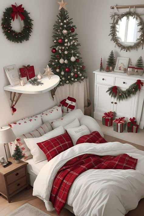 Clean Christmas bedroom decor in white and red Christmas Room Inspiration, Holiday Bedroom Decor, Christmas Bedroom Decor, Holiday Room Decor, Cute Christmas Ideas, Christmas Dreaming, Holiday Room, Cozy Christmas Decor, Christmas Bedding