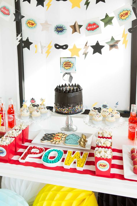 Super Hero Birthday Party, Hero Birthday Party, Zap Pow, Yellow Lightning, Super Hero Birthday, Marvel Birthday Party, Superman Birthday, Avenger Birthday Party, Fathers Day Cake