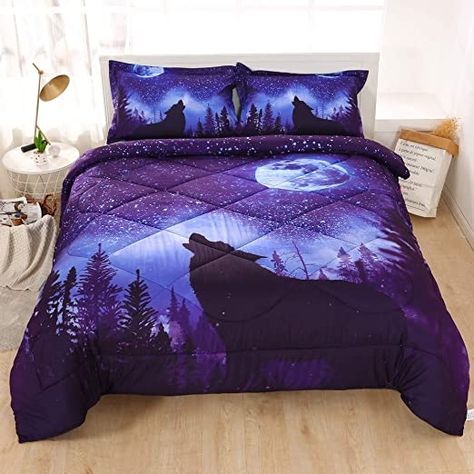 Galaxy Bedroom, Galaxy Room, Galaxy Bedding, Galaxy Wolf, Wolf Decor, Moon Wolf, Blue Bedding Sets, Comforter Bedding, Twin Comforter Sets