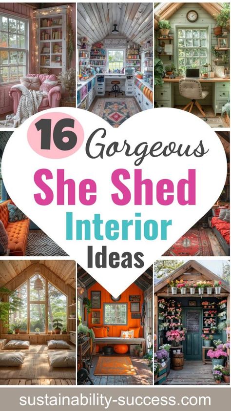 16 Gorgeous She Shed Interior Ideas You’ll Love 2 Plastic She Shed, Garden She Shed Ideas, Small She Shed Interiors Decor, Decorating A She Shed, She Shed Sewing Studio, Witchy She Shed, She Shed Interior Ideas Woman Cave, Boho She Shed Interior, Inside Summer House Ideas