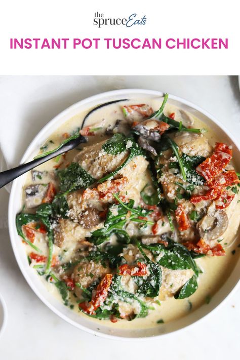 Tuscan Chicken Instant Pot, Instant Pot Tuscan Chicken, Chicken Spinach Mushroom, Sundried Tomato Chicken, Pesto Spinach, Tuscan Garlic Chicken, Chicken Tenderloin, Chicken Tenderloin Recipes, Creamy Garlic Sauce