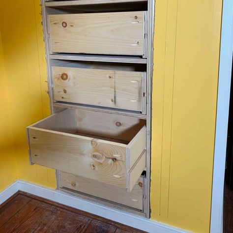 How To Install An In-Wall Built In Dresser - Lazy Guy DIY Build A Dresser, Hallway Drawers, Dresser Drawer Slides, Craftsman Style Bungalow, Dresser In Closet, Built In Dresser, Drawers Bedroom, Diy Accent Wall, Closet Drawers