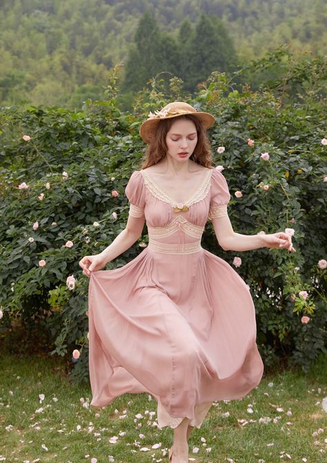 Dresses Reference Pose, Romantic Era Fashion, Feminine Romantic Fashion, Poem Dress, Summer Poems, Cottage Core Dresses, Romantic Clothes, Delicate Dress, Feminine Clothes