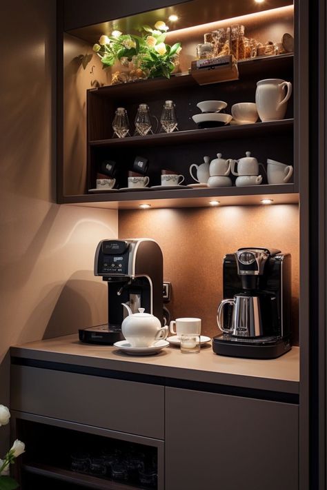 Coffe Corners Design, Coffe Corners Ideas, Coffee Bar Black, Office Coffee Station, Small Office Design Interior, Modern Pantry, Coin Café, Coffee Area, Coffee Bar Ideas