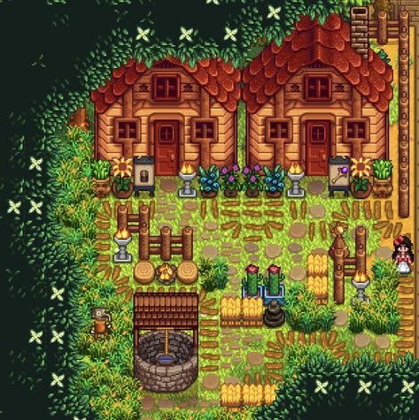 stardew valley forest farm shed area design Stardew Forest Farm Ideas, Stardew Valley Farm Layout Beehive, Stardew Valley Fruit Bat Cave Design, Stardew Valley Starter Farm, Woodland Farm Stardew, Sdv Shed Layout, Stardew Farm Layout Forest, Stardew Valley Garden Design, Stardew Valley Forest Farm Design