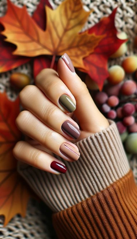 Fall Nails Jewel Tone, Trendy Minimalist Nails Fall, Gold Stripe Nail Art, Fall Nails Cranberry, Nail Polish Fall 2024, Fall Multicolor Nails Acrylic, Dark Autumn Nail Designs, 2024 Nails Fall, Two Tone Manicure