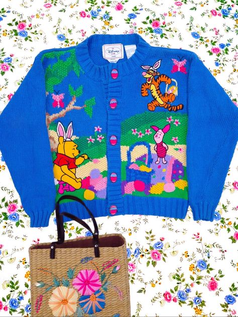 90s Vintage Disney knitted cardigan Winnie the Pooh Easter spring time look flowers floral knitted sweater novelty jumper Easter eggs rabbit pastel butterflies Vintage knits disney knitwear tigger Vintage Teacher Outfits, Winnie The Pooh Easter, Pooh Decor, Colorful Fits, Vintage Wishlist, Winnie The Pooh Decor, Vintage Teacher, Butterflies Vintage, Painted Clothes Diy