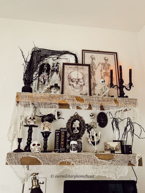 Witch Theme Halloween Decor Living Room, Halloween Built In Shelves Decor, Halloween Decorations Shelves, Halloween Decor Shelves, Halloween Decorations Gothic, Halloween Mudroom, Halloween Shelf Decor Ideas, Witch Theme Halloween Decor, Halloween Bookshelf Decor