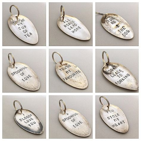 Personalised Hand-stamped spoon key ring by TheBeadPotCanterbury Vintage Spoon Jewelry, Tea Dog, Fork Ring, Valentine Notes, Mothers Day Present, Stamped Spoons, Steel Stamp, Birthday Message, Spoon Jewelry