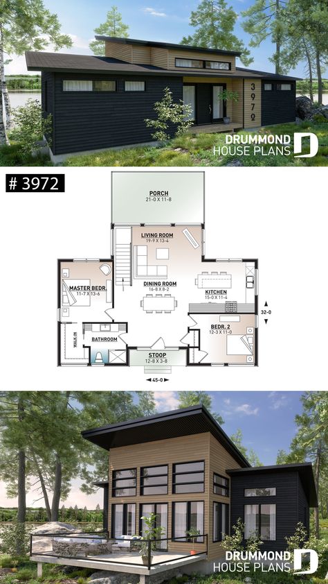 2 Bedroom Chalet Plans, Modern Cottage Layout, Waterfront Cottage Plans, Small Waterfront House Plans, Small Unique House, Modern Cabin Floorplan, Small Cottage Layout, Modern Cottage Plans, Small Modern Cottage