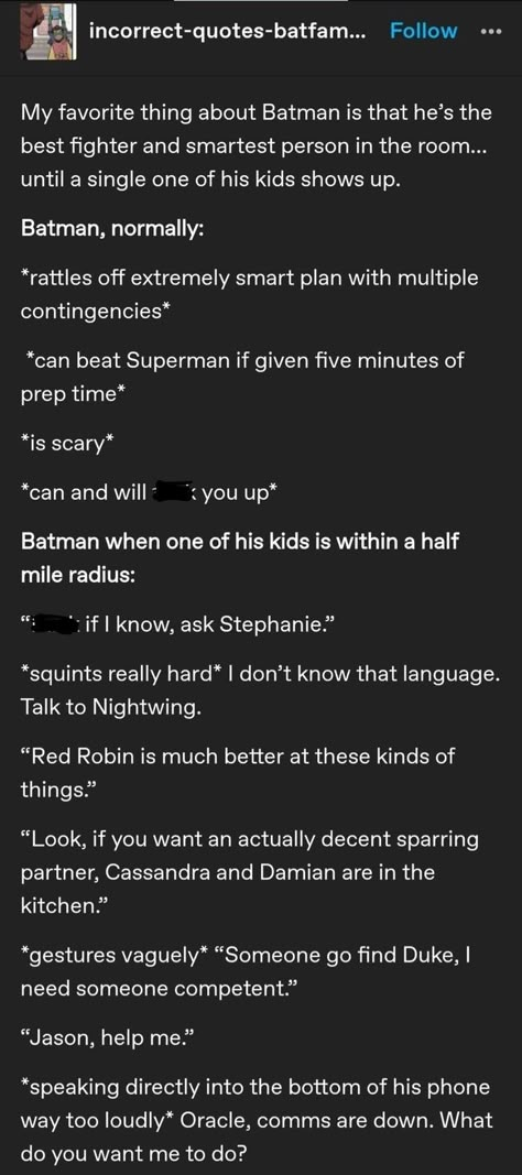 Batfamily Oc Female, Bat Family X Super Family, Bat Family Headcanons, Superbat Headcanons, Nightwing Headcanon, Batman Headcanon, Batman Family Fanart, Batfamily Headcanons, Batfam Headcanons