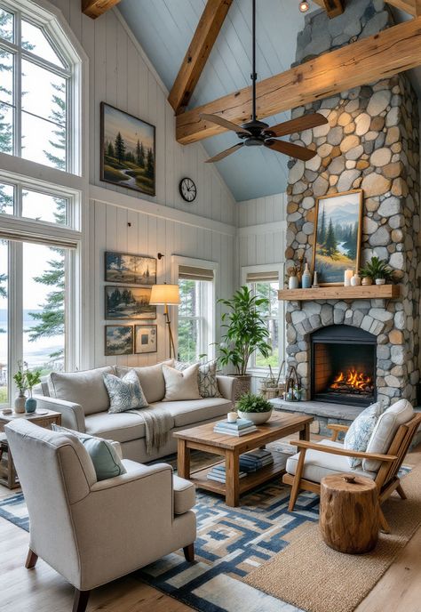 Small Cabin Interior Ideas Cabin Lake House Interior, Small Lake Cabin Interiors, Small Cabin Exterior Ideas, Small Cabin Bathroom Ideas, Small Cabin Interior Ideas, Mountain Chalet Interior, Cabin Chic Decor, Small Lake Cottage Interiors, Lake Cabin Interiors