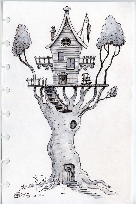 Whimsical Treehouse, Tree House Drawing, Animal Stencil Art, House Doodle, Watercolor House Painting, Whimsical Art Paintings, Learn Watercolor, House Drawing, Happy Paintings