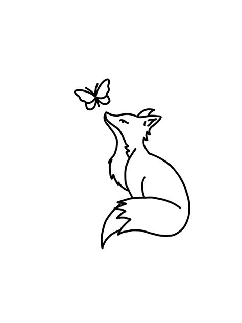 Pretty Fox Tattoo, Fox And Butterfly Drawing, Fox Outline Simple, Simple Fox Tattoo Design, Fox Drawing Outline, Cute Fox Tattoo Simple, Fox Tattoo Linework, Fox Simple Tattoo, Fox Tattoo With Flowers