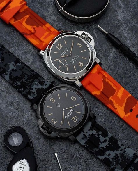 Panerai Central on Instagram: “A couple of #Panerai beauties working together in harmony with the @horusstraps digi-camo and orange camp rubber straps. Pic by @watchstylo…” Panerai Straps, Orange Camo, Panerai Watches, Working Together, Omega Watch, Instagram A, A Couple, Camo, Orange