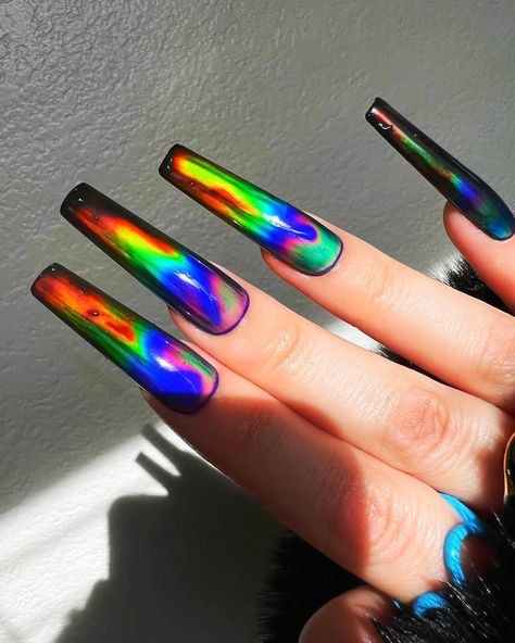 An oldie but a goodie - I’m just trying to change the color of your mood ring 💗 | Instagram Mood Ring Nails, Fall Coffin Nail Designs, Fall Coffin Nails, Chrome Nails Silver, Mood Changing Nails, Mood Nails, Nails Vibrant, Ring Nails, Nail Vibes