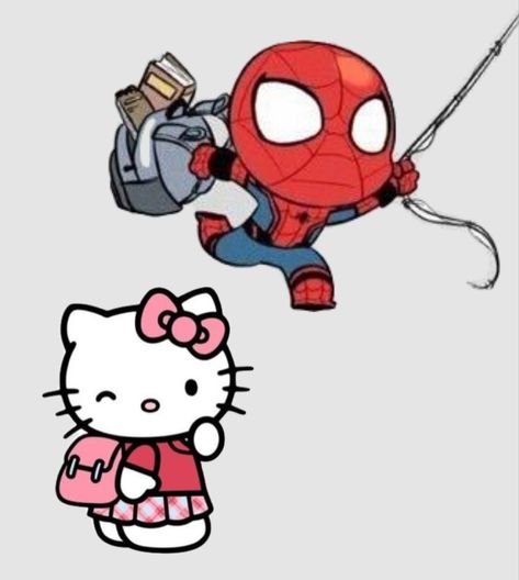 Hello Kitty And Spiderman, Hello Kitty Gifts, Spiderman Theme, Spiderman 3, Hello Kitty Characters, Hello Kit, Cartoon Painting, Going To School, Iphone Wallpaper Tumblr Aesthetic