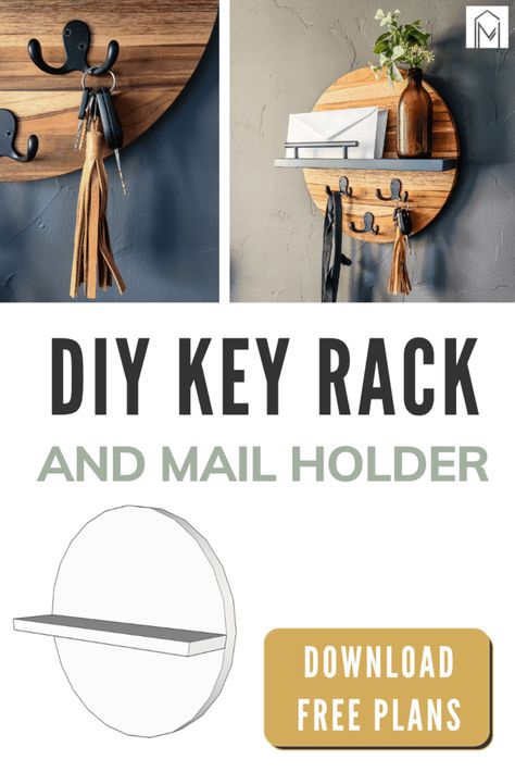 Need a good place to put your mail and hang your keys? Use our free woodworking plans to make this DIY mail and key holder! This mail and key rack uses a teak wood round for a modern and sleek look and has a shelf to put your mail. Keyholders Diy, Key Rack Diy, Diy Mail, Key Holder Diy, Mail And Key Holder, Pocket Hole Joinery, Chalk Crafts, Wooden Key Holder, Wood Craft Projects