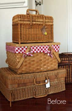 Wicker Picnic Basket Repurposed, Decorating With Picnic Baskets, Picnic Basket Makeover, Sleeves Tutorial, Basket Makeover, Vintage Picnic Basket, Treat Myself, Painted Baskets, Sweater Pumpkins