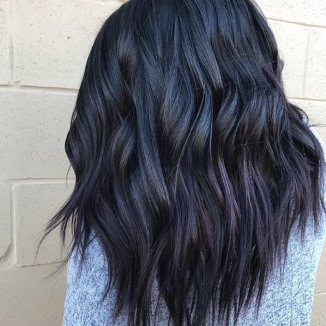 Winter Berry Hair Is the Perfect Purple Color for Brunettes | Allure Lower Highlights Hair Dark Brown, Blue Toned Brown Hair, Dark Brown Hair Blue Undertone, Dark Brown Hair With Blue Tint, Dark Hair With Blue Tint, Winter Berry Hair, Blue Tinted Hair, Berry Hair Color, Berry Hair