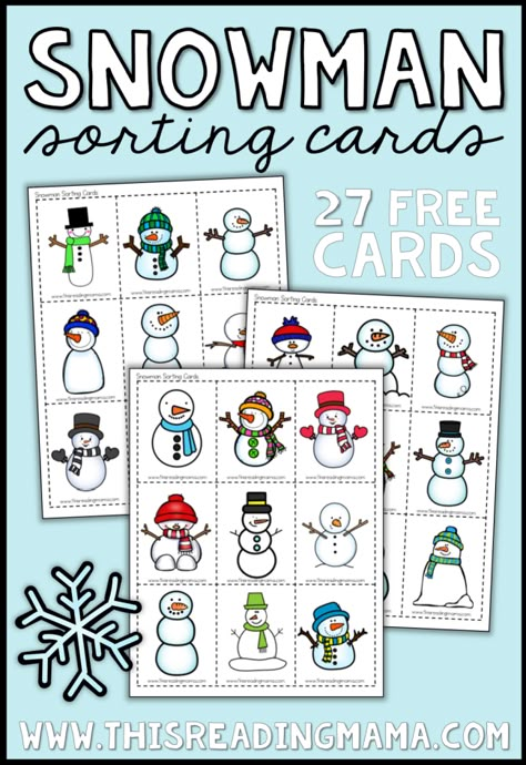 Snowman Sorting Cards If Snowmen Came In Colors, Snowman Games Preschool, Seasons Sorting Activity Free Printable, Category Sorting Free Printable, Snowman Shape Matching, Snowman Speech Therapy Activities, Winter Printables, Snowmen Pictures, Small Snowman