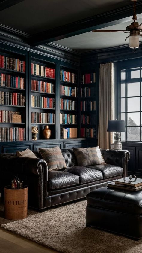 Sophisticated Library, Academia Interior, Dark Academia Interior, Dream Home Library, Library Rooms, Modern Home Designs, Sunset House, Home Library Rooms, Library Living Room